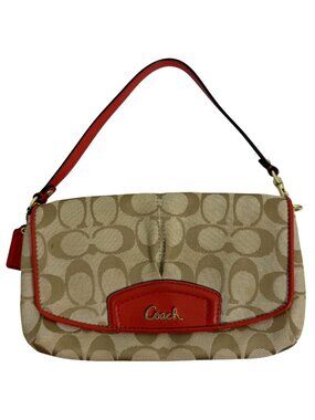 COACH Signature Large Front Flap Wristlet Clutch + Hang Tag Khaki/ Orangish/Red